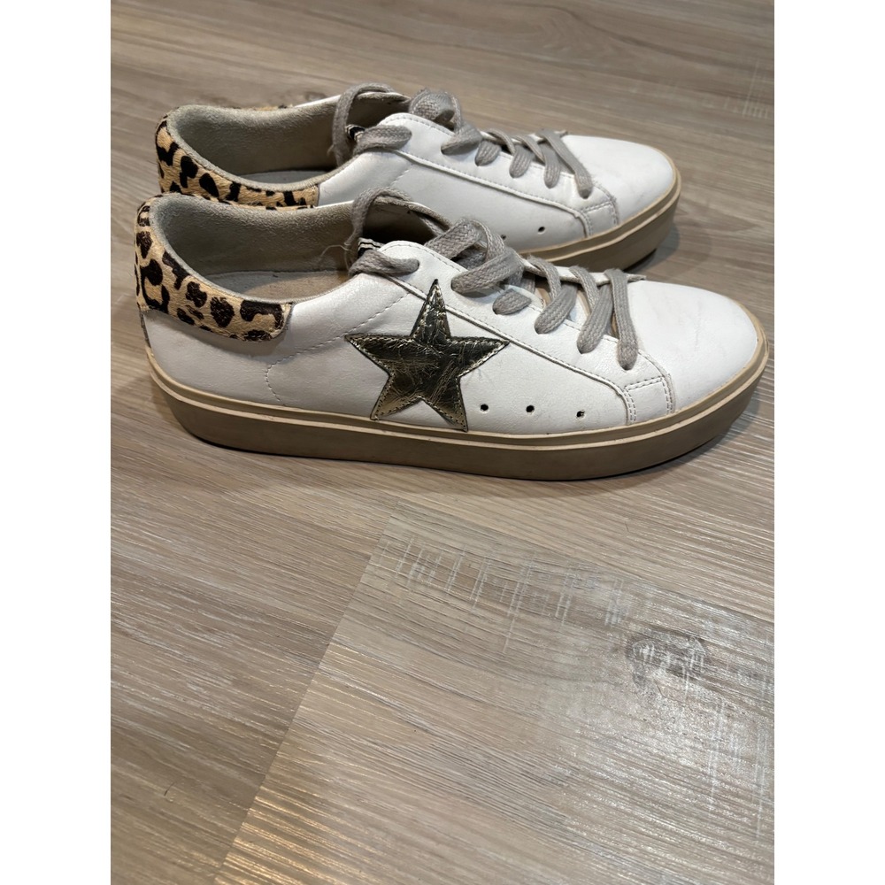 SHU SHOP Reba Gold Crinkle Leopard Star Platform Sneakers White Womens 8‎